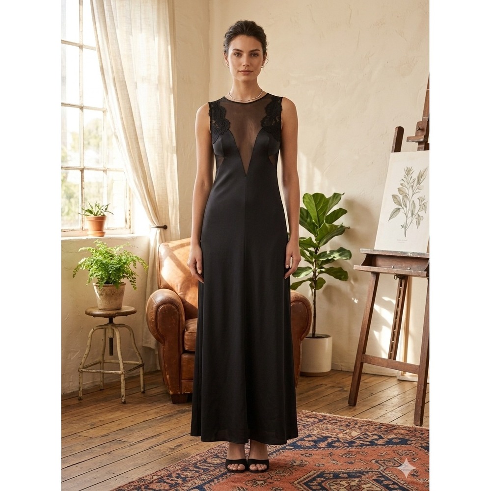 Vintage Lace Mesh Slip Nightgown M Gothic Glam Sheer Dark Romantic Illusion Vamp